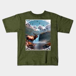 Abstract Landscape With Waterfall, Snowy Peaks, Elk Kids T-Shirt